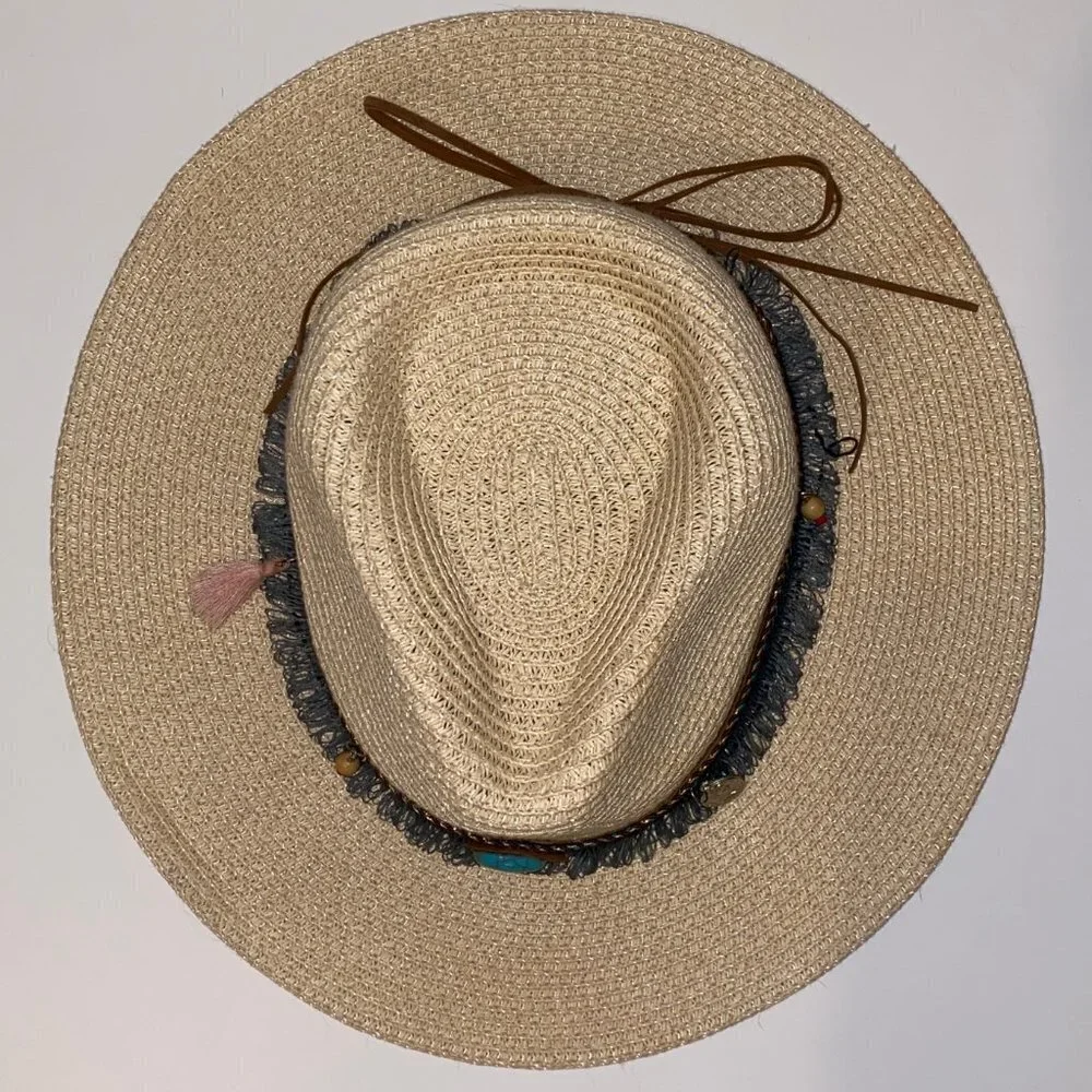 Turquoise Beaded Fringe Straw Sun Hat